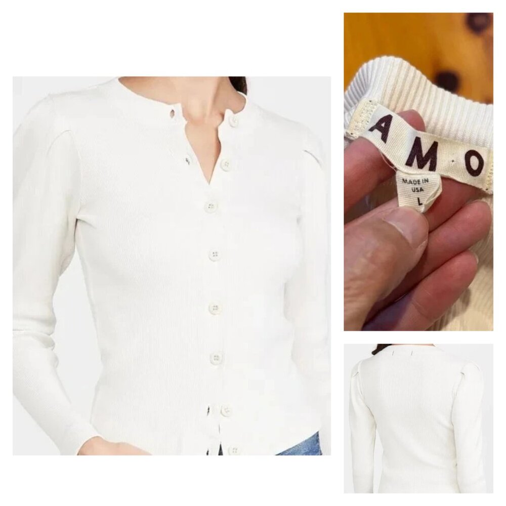 AMO L Off-White Puff Sleeve Cardigan Button Up Ribbed